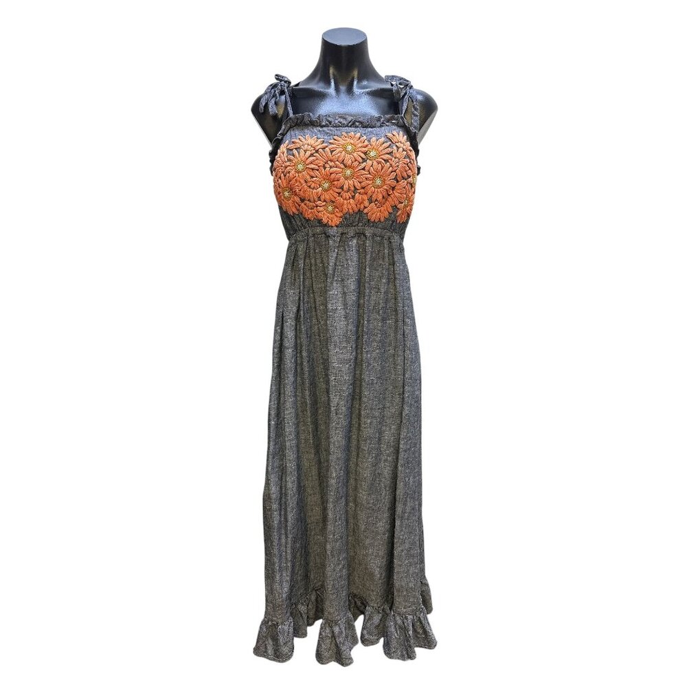 Innika Choo Blue Maxi Dress w/Orange Floral Embroidery & Tie Straps OS